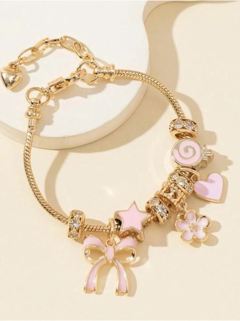 Gold-Tone Pink Charm Bracelet for Kids with Enamel Hearts & Flowers